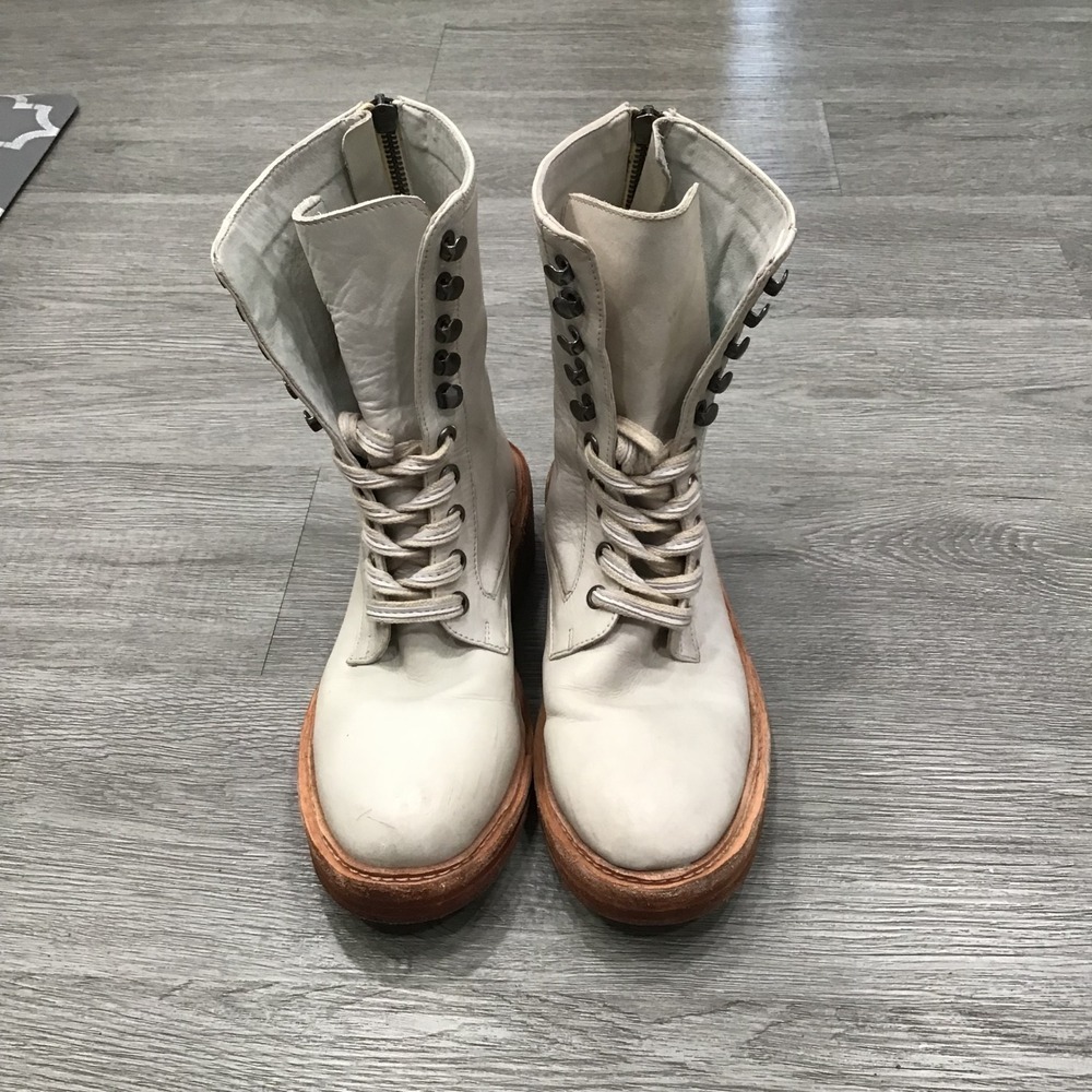 Free People Santa Fe Lace-Up Boots Ecru Leather EU 37 Distressed Western Combat - Picture 2 of 8